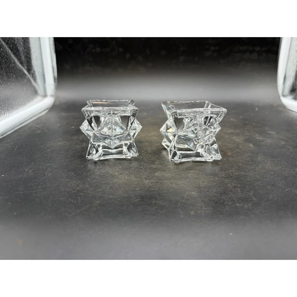 Vintage Geometric Clear Glass Star Candle Holders Set of 2 Taper Votive Pair